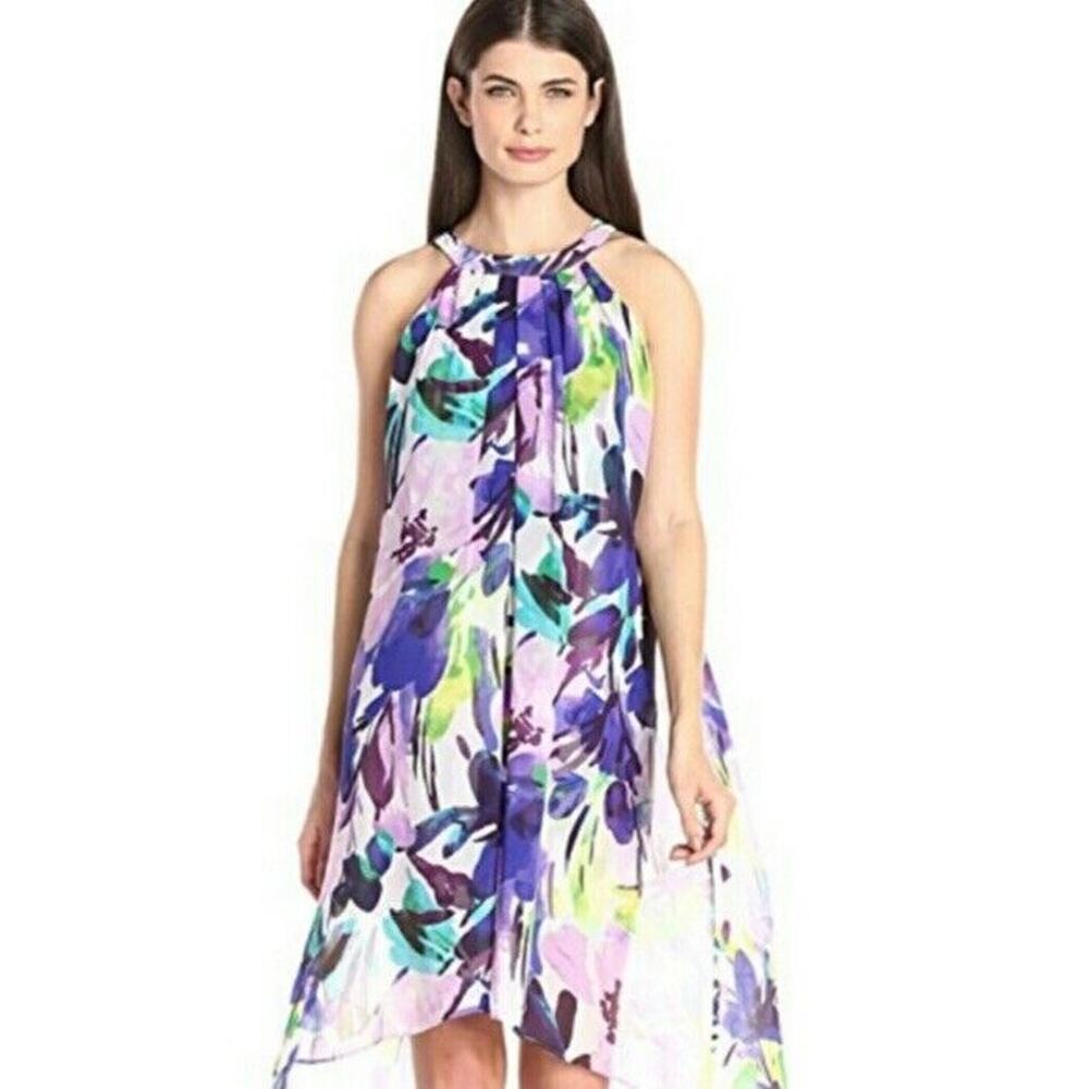Vince Camuto | White Purple Floral Chiffon Overlay Sleeveless Hi Low Dress Sz 4 - Picture 4 of 7